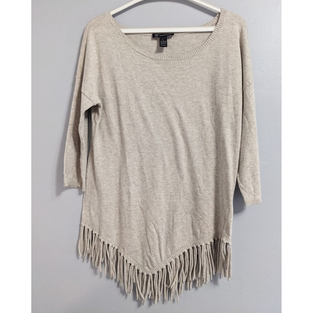 INC International Concepts Fringe Thin Knit Sweater Boho Western Heathered Tan L